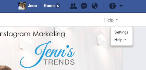 On your Facebook page, select Settings from the Help drop-down menu.