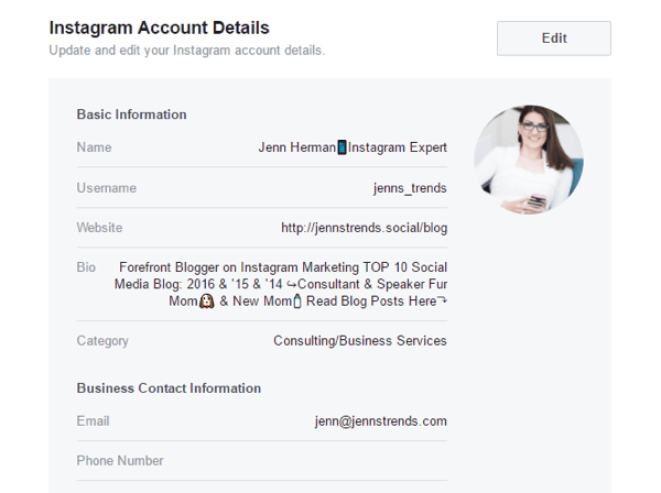 Sie können einige Instagram-Kontodetails in Ihren Facebook-Seiteneinstellungen bearbeiten.