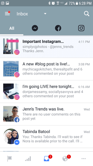 View notifications for your Facebook page, Messenger, and Instagram on the All tab.