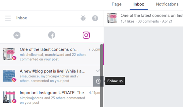 Click the clock icon on desktop to move the Instagram notification to the Follow-Up folder.