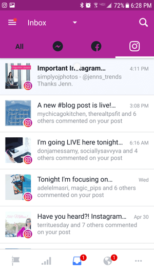 Tap the Instagram tab in your Facebook inbox to see the most recent comments on your Instagram posts.