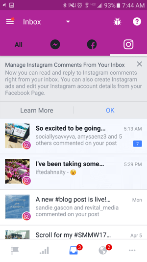 The new Inbox layout on mobile separates messages into four tabs depending on the source.