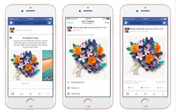 Facebook rolled out personalized cards, themed masks and frames in the Facebook Camera, and a temporary "Thankful" reaction in honor of Mother's Day.