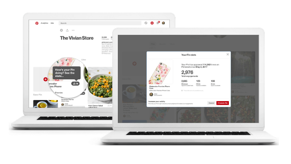 Pinterest added a simple stats icon on each Pin that gives marketers a preview of that Pin's total engagements and access to other valuable metrics right on the Pin.