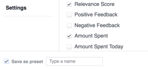 Save your Facebook results settings as a template.