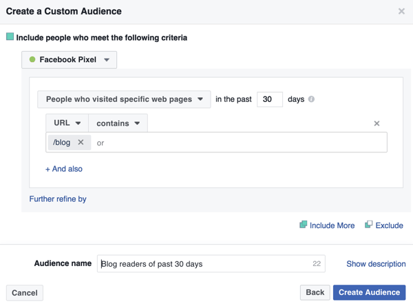 Create a Facebook custom audience of visitors to your blog's home page.