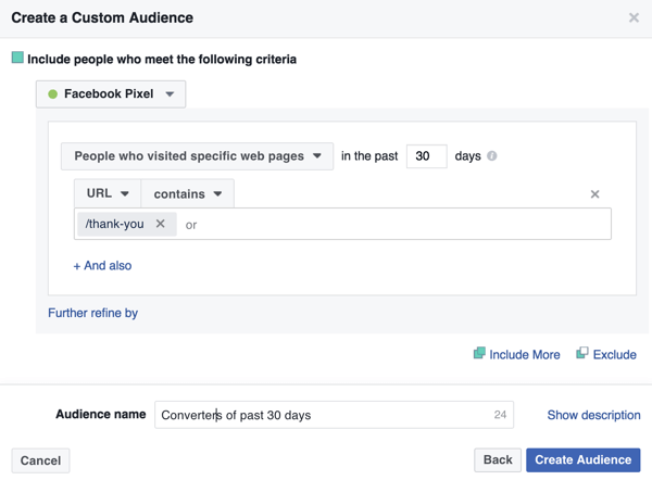 To create a Facebook custom audience of past purchasers, add your thank-you page URL.