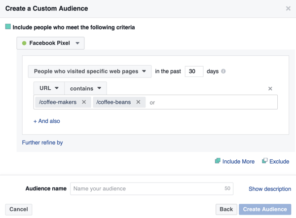 To create your Facebook custom audience, select People Who Visit Specific Web Pages and type in your landing page URLs.