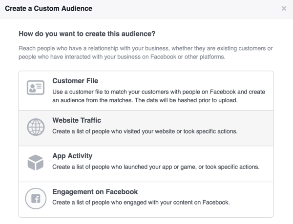 Selecione Website Traffic para configurar um público personalizado no Facebook para os visitantes do site.