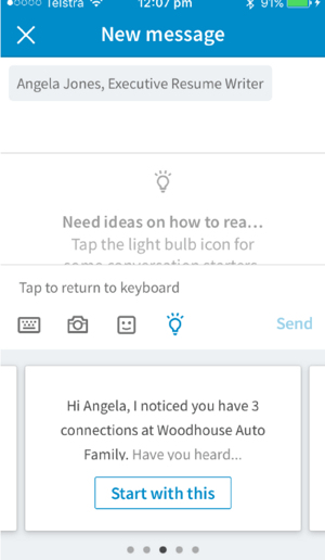 The LinkedIn mobile app provides conversation starters based on the connection you want to message.