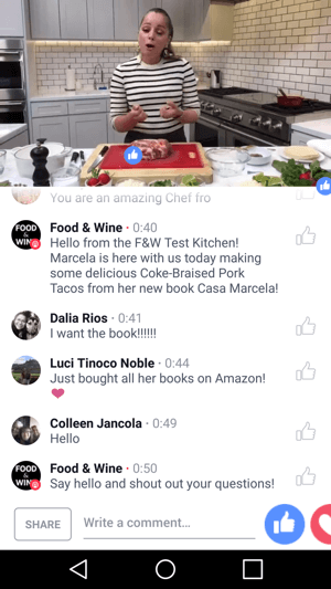 Food & Wine zeigt die Köchin Marcela Valladolid in einer Co-Marketing-Facebook-Live-Sendung, die beiden Parteien zugute kommt.