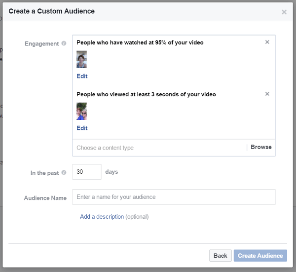 Create a custom audience of people who watched different videos on your Facebook business page.