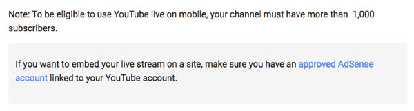 YouTube Live via mobile requires you to have 1000 or more followers for your channel.