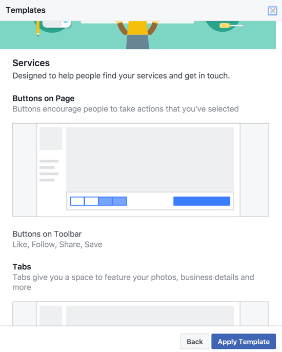 Different Facebook page templates have different CTAs, toolbar buttons, and tabs specifically chosen and organized for the business type.