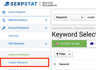 Select Cluster Research in the left pane to access the tool in Serpstat.