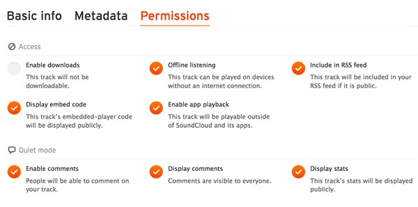 Check the Permissions tab to make sure your audio file is included in your SoundCloud RSS feed.