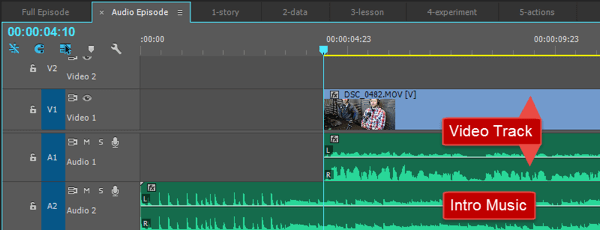 The video track is dragged along to 4 seconds and 10 frames, while the music plays on audio track 2 (A2) from the start.