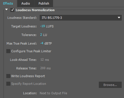 I use these loudness normalization settings when exporting my audio file in Adobe Premiere.