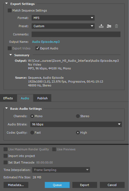 Export your audio as an MP3 file in Adobe Premiere.