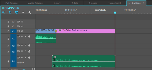 A view of the video segment outro with the end screen on track V1 and outro music on track A4.