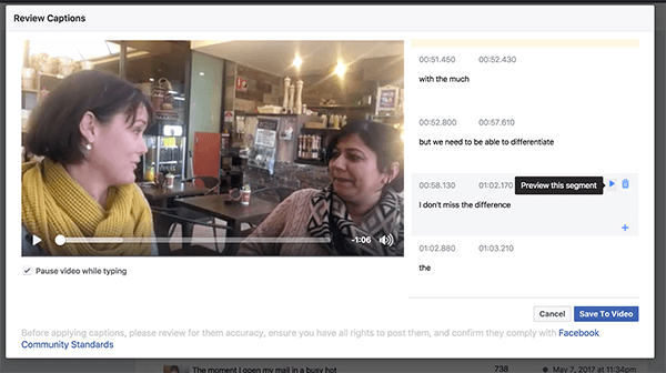 After your Facebook video is captioned, you can check and revise text that doesn't accurately reflect the audio.