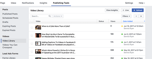 Your Facebook video library holds all of your published and unpublished videos. Videos with a yellow dot are unpublished and videos with a green dot are published.