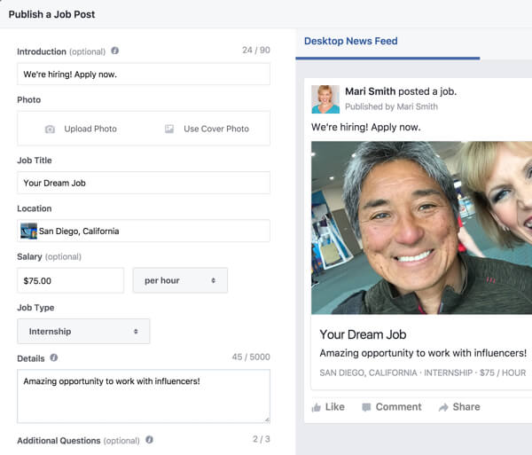 Fill out the relevant fields to create an eye-catching, compelling job post and publish on your page.