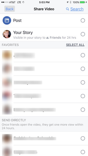 Once you've created your media, choose from any of three options to post: your wall, story, and/or specific friend(s).