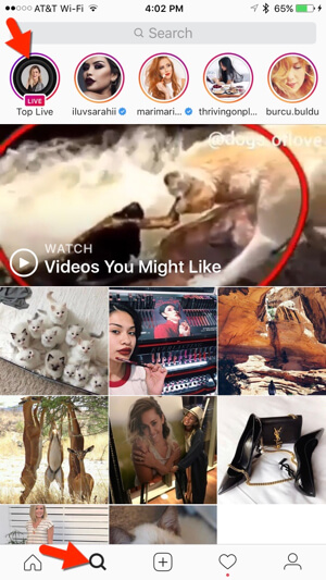 Instagram also features current live videos on the Explore tab.