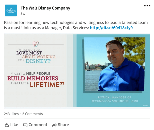 Disney also shares quotes from employees on LinkedIn.