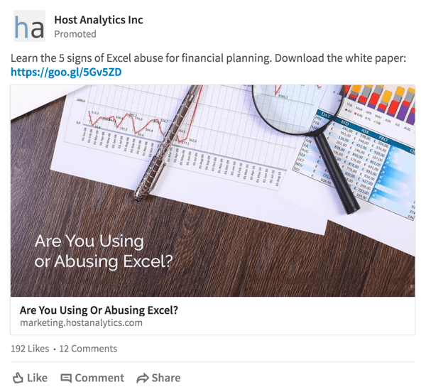 Host Analytics delivers a white paper download offer to a targeted audience on LinkedIn.