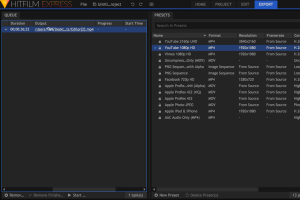 Your export queue appears on the left side of the Export tab.