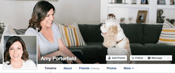 Amy Porterfield uses casual images for her personal Facebook profile that would still work in business contexts.