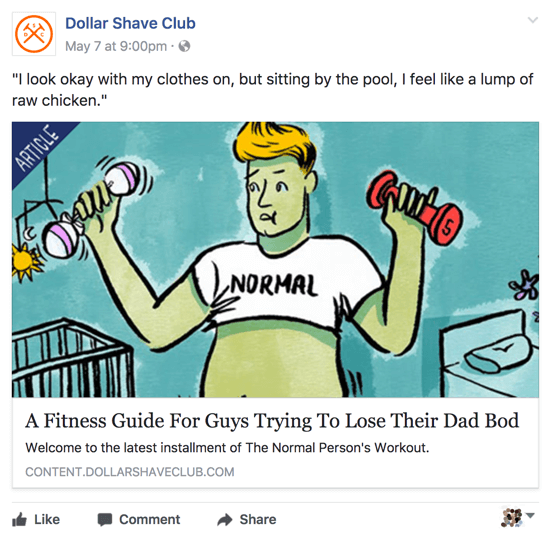 Dollar Shave Club shares relevant and clever content on its Facebook business page.