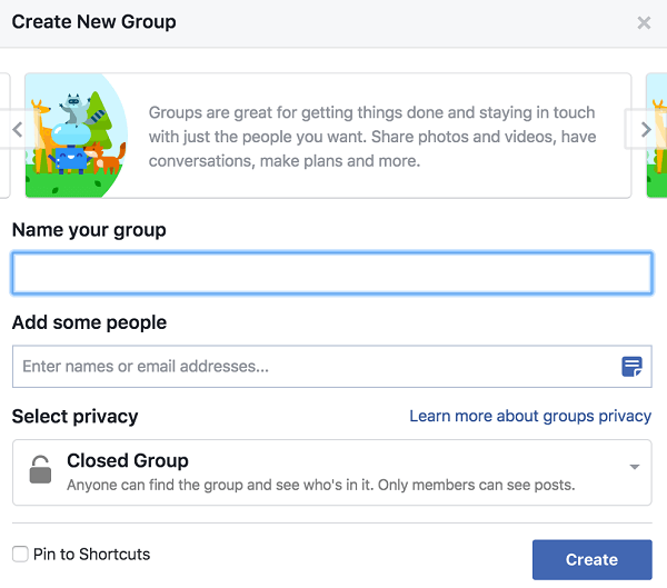 Give your group a name, add people, and decide on the privacy setting.