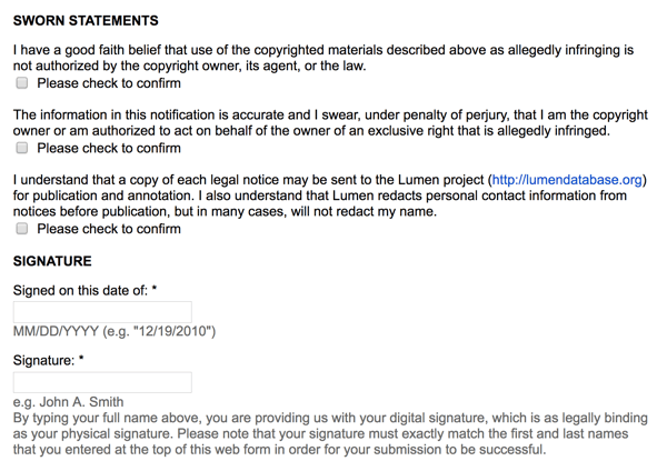 Google's takedown notice is still a legal document with signatures and sworn statements of ownership.