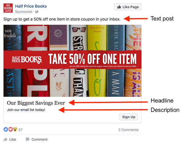 There are three areas for text in a Facebook ad.