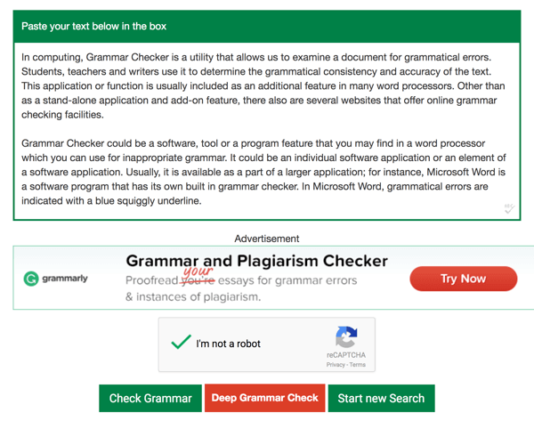 Paste your text into the Grammar Checker text box and click Check Grammar.