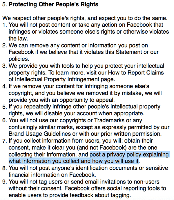 Facebook Terms outlining privacy policy requirement.