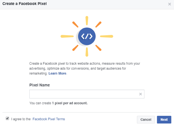 Add a name for your Facebook pixel.