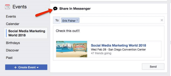 Facebook prompts users to share an Event discovered in Facebook with other Messenger users.
