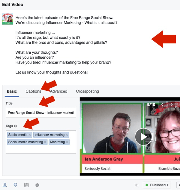 Edit the post text, video title, and video tags for your Facebook Live replay.