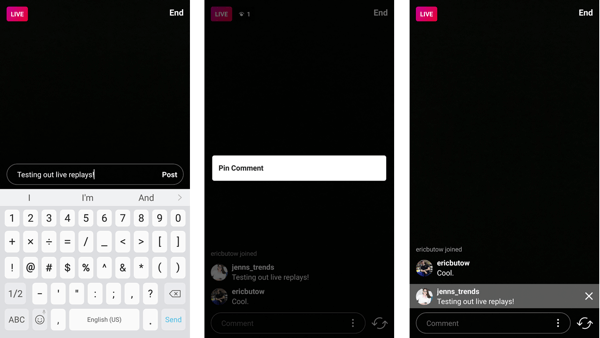 Pin a comment to your Instagram live video by tapping on the comment.