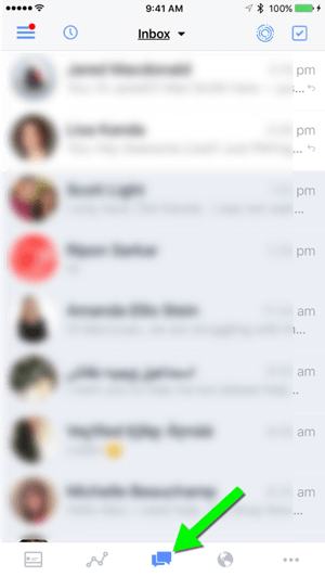 On the Facebook Pages Manager mobile app, tap the middle icon to go to your inbox.