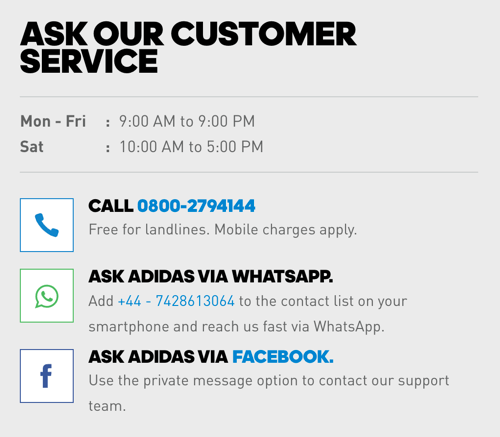In addition to a phone number, Adidas includes WhatsApp and Facebook Messenger links for customer care options.