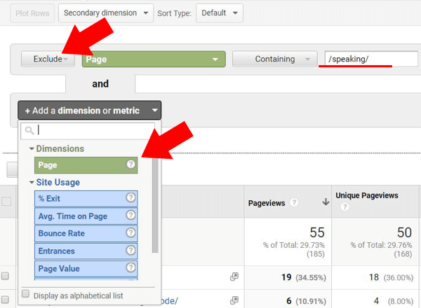 Change each filter to Exclude, select Page as the dimension, and type one of your shorter web page directories in the text field at the right.