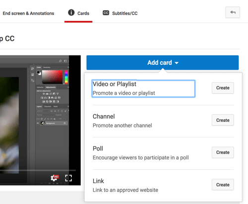 Click Add Card and select the type of card you want to add to your YouTube video.