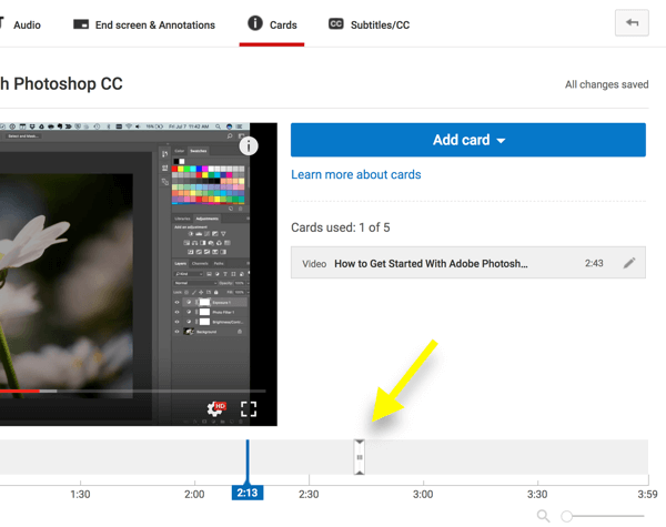 Move the marker to the spot where you want the card to appear in your YouTube video.