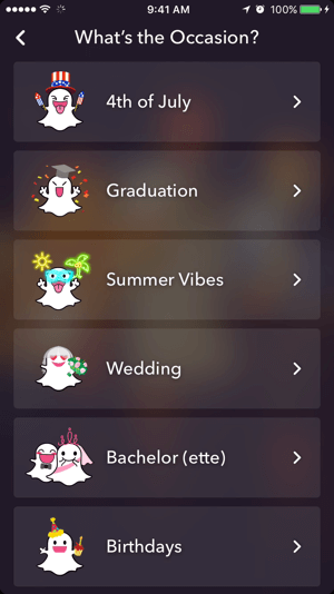 Select a theme for your Snapchat geofilter.