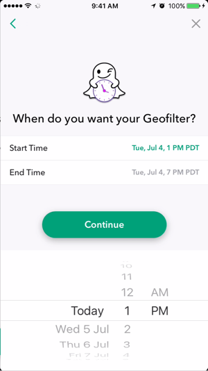 Wählen Sie ein Datum und eine Uhrzeit aus, zu der Ihr Snapchat-Geofilter aktiv sein soll.